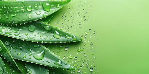 Obraz premium A vibrant display of fresh Aloe Vera leaves with sparkling water droplets, symbolizing natural hydration and skin care against a soothing green backdrop with copy space.