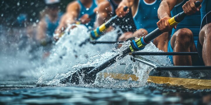 An intense moment capturing a team of rowers in perfect sync, their oars slicing through the water during a competitive race