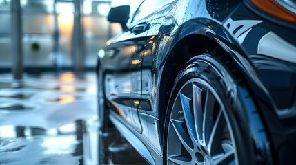 Obraz premium Luxurious Sports Car Parked in Wet Garage Awaiting Premium Detailing Service