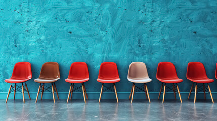 row of modern design chairs against a textured turquoise wall with a pattern interrupted by a single brown chair