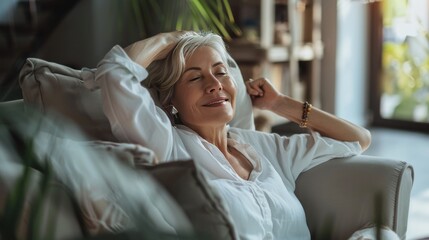 Smiling attractive senior woman relax at home, enjoy lazy weekend seated on armchair with hands behind head, breathe fresh air, daydream, relish peaceful leisure, feel stress free.
