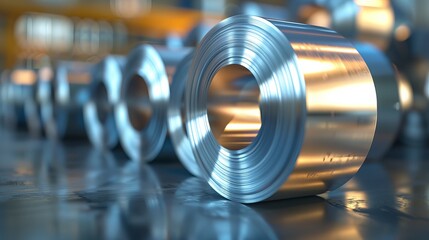 3D illustration displaying metal rolled products stacked on top of each other, with a blurred background, representing metal industry products.