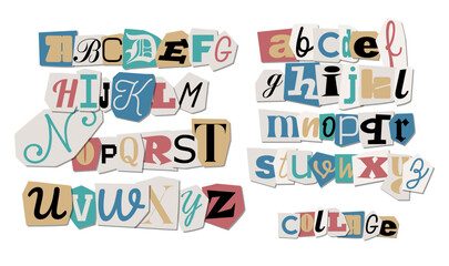 Journal cut letters set. Retro Colorful alphabet selected from newspaper clippings with capital letters anonymous art typing from scrap letters. Vector typographic illustration.