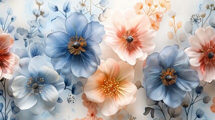 Serene shades of pink and blue come to life in a series of soft pastel watercolor paintings showcasing delicate flowers and leaves.