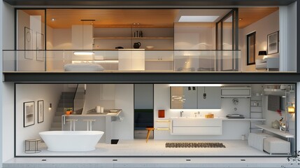 House cross section, view on bathroom, kitchen and living room