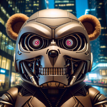 Robot Cyborg Teddy Bear toy, robotic Bad Teddy Bear a villain negative dark demonic horrific Terrifier Teddy Bear toy, automatic mechanism
