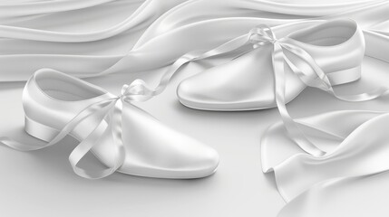   A pristine pair of white baby shoes atop satin, surrounded by a bed of untouched white fabric One side boasts a satin bow