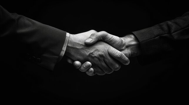 The stark contrast of a firm, detailed handshake against a deep black background, emphasizing the seriousness and commitment of the agreement.