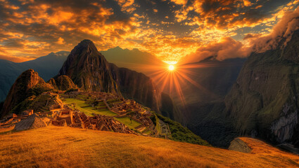  A panoramic view of Machu Picchu at sunrise, with the ancient Inca city nestled in green terraced...