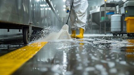 Employees are meticulously cleaning floors according to HACCP guidelines in a food and pharmaceutical manufacturing facility.