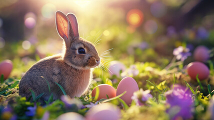Fototapeta premium Rabbit with Fantasy colorful easter eggs in garden morning time Background Easter Festival concept