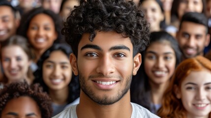 Fototapeta premium A sizeable gathering of individuals smile toward the camera, with one man's visage centrally located
