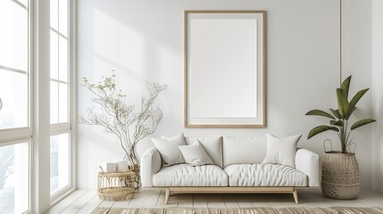 A mock-up poster frame is situated within a hipster room, against a Scandinavian-style interior background, illustrated in 3D.