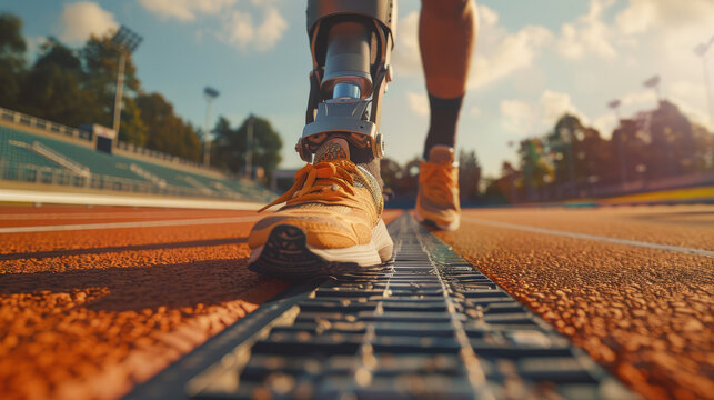 Close-Up of Runner's Shoes with Prosthetic Leg on a Sunny Track Field. Generative ai
