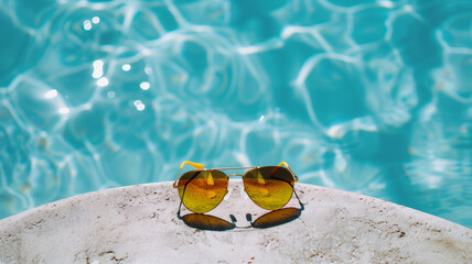 Yellow sunglasses on the edge of an in ground swimming pool with blue water