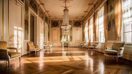 The interior of the room is in the style of classicism. A room lit by light from a window.