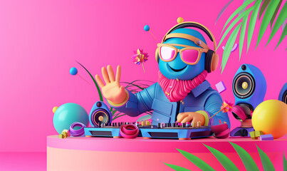 3d DJ with blue face against pink background with a mixer and control board. He mixes music at the party.