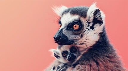 Naklejka premium Tender Embrace A Surreal of a Mother Lemur Holding Her Baby on a Pastel Peach Background