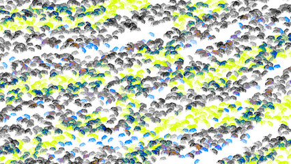 Small multicolored cloud shapes on a white background. The clouds are colored black, yellow, blue and orange.
