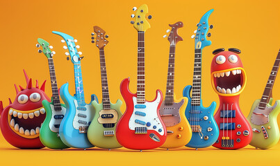 3d monster electric guitars line up on yellow background. For music stores
