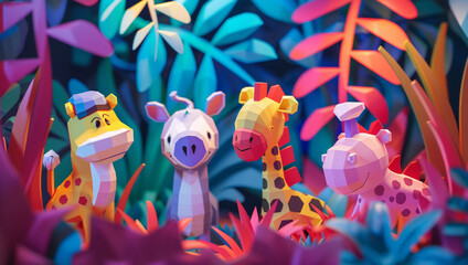 3d wild animals in polygon shape in the jungle. Cute creatures, giraffe, antelope and leopard. Bright colors. Forest background