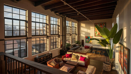 The interior of the room is loft-style. A room lit by light from a window.