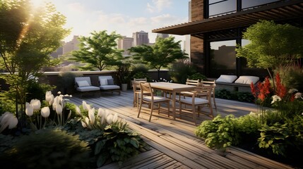 Outdoor terrace with tables and chairs, panoramic view