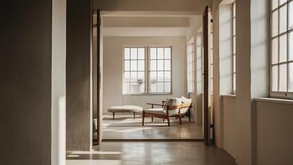 The interior of the room is in the style of minimalism. A room lit by light from a window.