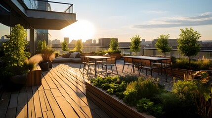 Panorama of a terrace with a view on the sunset.