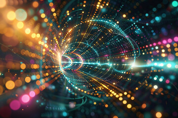 Obraz premium vibrant digital vortex of sparkling circles and light bursts in a dynamic orange and blue background