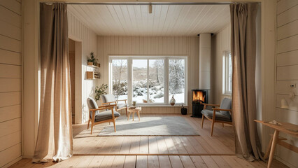 The interior of the room is in the Scandinavian style. A room lit by light from a window.