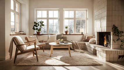 The interior of the room is in the Scandinavian style. A room lit by light from a window.