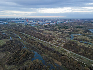 Aerial landscape of lake and beach on IJmuiden by North Sea in North Holland