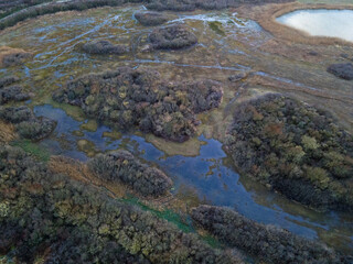 Aerial top down of wetlands at IJmuiden beach at sunset by North Sea in North Holland - obrazy, fototapety, plakaty