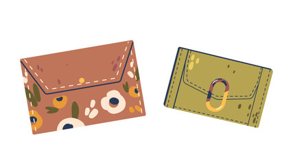 Two Stylized Women Wallets, One In Brown With A Floral Pattern, And Another In Green With A Dot Pattern