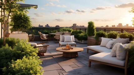 Panorama of a luxury terrace with a view of the sunset