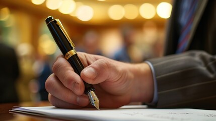 Close focus on a hand with a fountain pen, emphasizing communication intention, in front of a blurred seminar attendee background