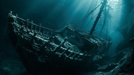 Close-up view of an ancient shipwreck, its structure dramatically lit and set against a stark, isolated underwater background