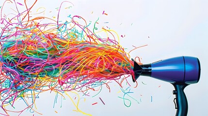 Colorful Yarn Explosion from Hair Dryer on White Background - obrazy, fototapety, plakaty