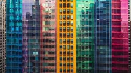 Obraz premium Close-up on a spectrum of skyscraper facades, each pane a different hue, portraying the vibrant pulse of the city