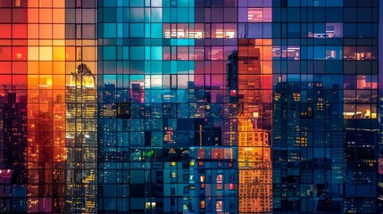 Close-up on a spectrum of skyscraper facades, each pane a different hue, portraying the vibrant pulse of the city