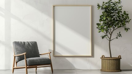 Interior poster mock up with vertical empty wooden frame standing on floor, gray armchair and tree in wicker basket in room with white wall. 3D rendering