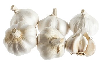 Multiple garlic bulbs arranged against a white background, highlighting freshness and organic quality