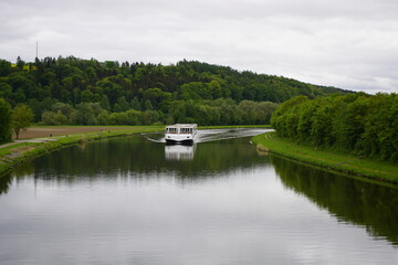Excursion boat on the Danube river near Bad Abbach, Bavaria, Germany.