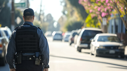 Back view of a police officer walking down a suburban street, equipped with tactical gear, on a bright sunny day.
