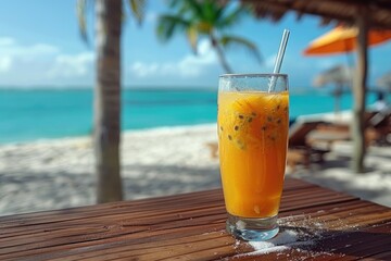 Refreshing orange drink in a glass with a straw on the beach