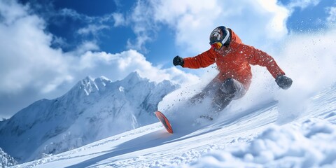 An action-packed shot of a snowboarder in bright orange slicing through the fresh snow on a mountain slope under a clear blue sky