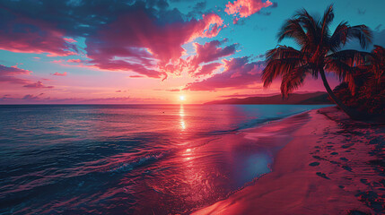 sunset over the beach with palm trees