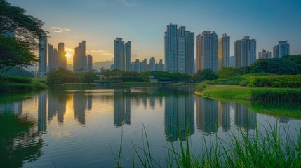 Fototapeta premium A tranquil urban sunrise scene featuring high-rise buildings mirrored in a calm lake with lush greenery.