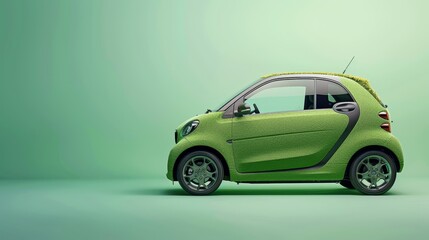   A compact car, colored green, features a black side stripe and a white rear stripe
